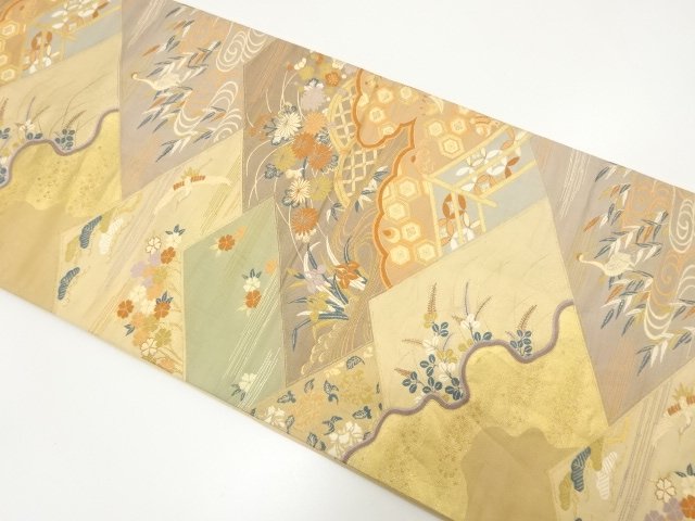 アンティーク　光悦垣に菊・鶴・宝尽くし模様織り出し袋帯（材料）